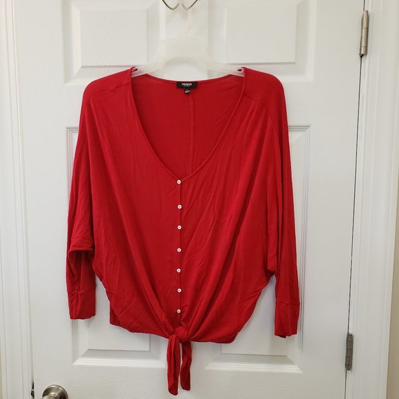 Premise Tops - Premise Studio, Red Oversized tie front bat wing sleeve blouse, LG